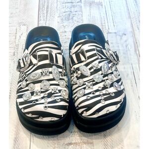 Azalea Wang Zebra Print Embellished Platform Clogs Mules RhinestoneSilver Buckle